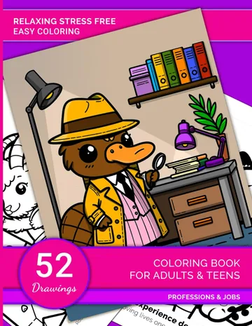 Cover: Relaxing stress free easy coloring book for adults and teens: includes cute animals, jobs, professions