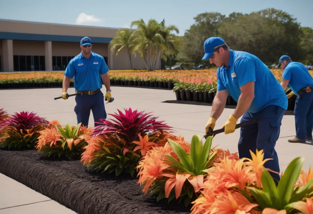 Cuadrilla instalando plantas tropicales en jardineras comerciales