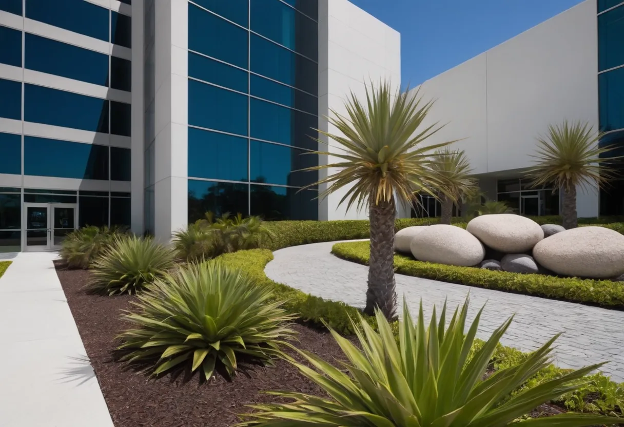 Jardín xeriscape tolerante a la sequía frente a oficinas en Miami