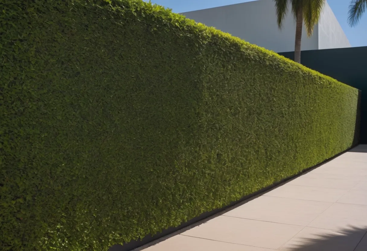 Seto formal de ficus alto mantenido en lindero de propiedad comercial