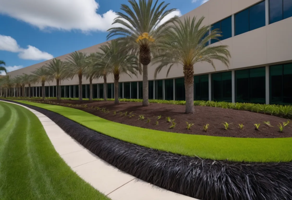 Mantillo fresco en jardineras curvas junto a edificio corporativo
