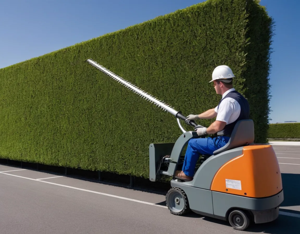 Trabajador podando un seto de ficus comercial