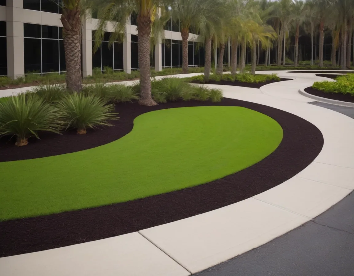 Camas de mantillo curvas y grama verde junto a edificio comercial