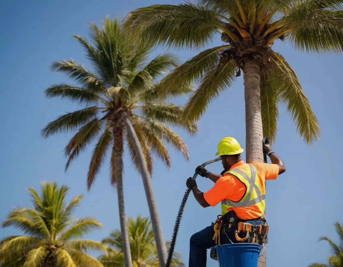 Técnico podando una palmera alta desde grúa en un bulevar de Miami